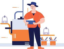 Hand Drawn Technician or engineer with engine in factory in flat style vector