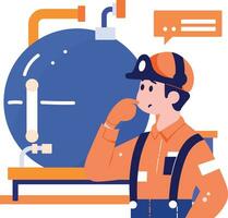 Hand Drawn Technician or engineer with engine in factory in flat style vector