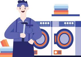 Hand Drawn washing machine repair technician in flat style vector