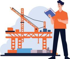 Hand Drawn Engineer or architect with building under construction in flat style vector