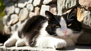 Black and white tuxedo cat lounging lazily on a stone wall, basking in the late afternoon sun. Generative AI photo