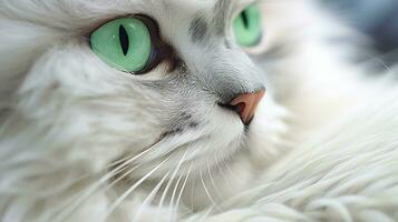 cerca - arriba de un chinchilla persa espumoso verde ojos, sus plata piel brillante suavemente. generativo ai foto