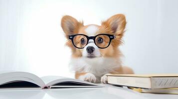 Corgi, funny dog and book, cute pet with glasses. Generative AI photo