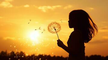 Girl blowing dandelion seeds, making a wish in the golden light of sunset. Generative AI photo