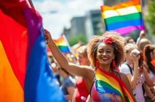 un orgullo desfile con personas de varios orientaciones celebrando amor y identidad. generativo ai foto