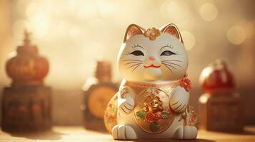 maneki - neko, el suerte gato estatua, con sus elevado pata, conjunto en contra un fondo de antiguo pergaminos generativo ai foto