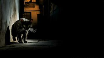 Feral cat prowling the alleyways, its independence and wild spirit evident in its stride. Generative AI photo