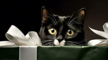 Tuxedo cat curiously peering inside an open gift box, festive ribbons surrounding it. Generative AI photo