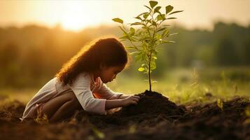 Girl planting a tree, her hands deep in the soil, a gesture of love for nature. Generative AI photo