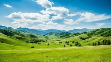 Green field and blue sky, mountain hill, summer scenery background. Generative AI photo