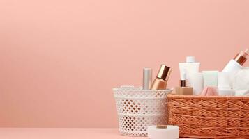 A basket of beauty products. Web banner with copy space. Generative AI photo