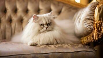 persa gato reclinable en un terciopelo almohadón, sus lujoso piel reflejando el opulencia alrededor. generativo ai foto