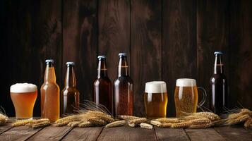 An assortment of craft beers in bottles and glasses, with barley and hops sprinkled around, set against a rustic wood background. Generative AI photo