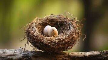 A small birds nest with eggs. Web banner with copy space. Generative AI photo