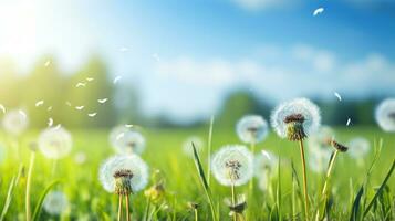 Meadow with green grass, flowers, dandelions and sunny sky, spring or summer background. Generative AI photo