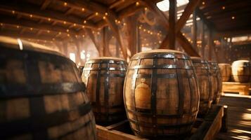 Wine barrels stacked in cellar of winery. Winery concept photo