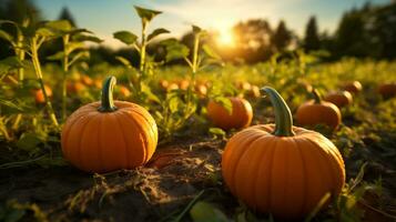 Pumpkin patch on sunny autumn day. Colorful pumpkins ready for Halloween. photo