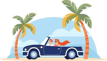 Hand Drawn Tourists drive convertibles car to the beach in flat style vector