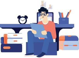 Hand Drawn A male character is sitting and reading a book in his office in flat style vector