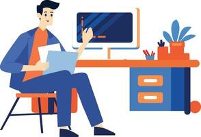 Hand Drawn A male character is sitting and reading a book in his office in flat style vector