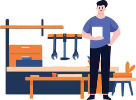 Hand Drawn Technician or engineer with engine in factory in flat style vector