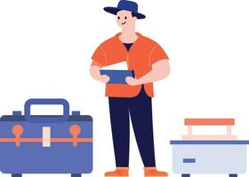 Hand Drawn Technician or engineer with toolbox in flat style vector