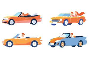 Hand Drawn Tourists drive convertibles car to the beach in flat style vector