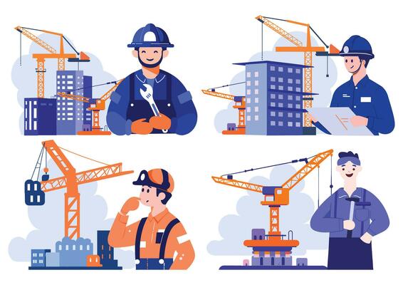 Hand Drawn Engineer or architect with building under construction in flat style