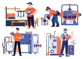 Hand Drawn Technician or engineer with engine in factory in flat style vector