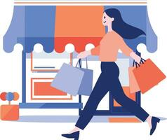 Hand Drawn A woman with shopping bags walks past a storefront in flat style vector