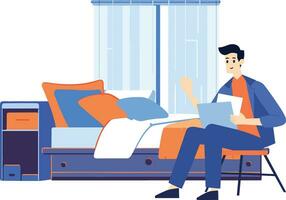 Hand Drawn A male character is reading a book in the bedroom in flat style vector