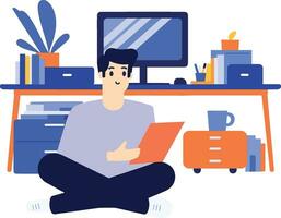 Hand Drawn A male character is sitting and reading a book in his office in flat style vector