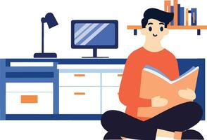 Hand Drawn A male character is sitting and reading a book in his office in flat style vector