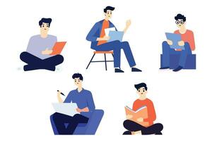 Hand Drawn character sitting and reading a book in flat style vector