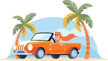 Hand Drawn Tourists drive convertibles car to the beach in flat style vector