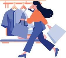 Hand Drawn A woman with shopping bags walks past a storefront in flat style vector