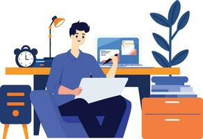 Hand Drawn A male character is sitting and reading a book in his office in flat style vector