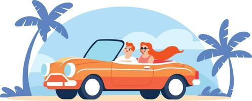 Hand Drawn Tourists drive convertibles car to the beach in flat style vector