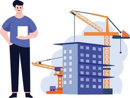 Hand Drawn Engineer or architect with building under construction in flat style vector