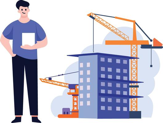 Hand Drawn Engineer or architect with building under construction in flat style