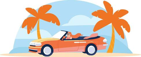 Hand Drawn Tourists drive convertibles car to the beach in flat style vector