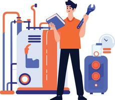 Hand Drawn Technician or engineer with engine in factory in flat style vector