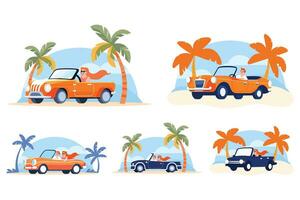 Hand Drawn Tourists drive convertibles car to the beach in flat style vector