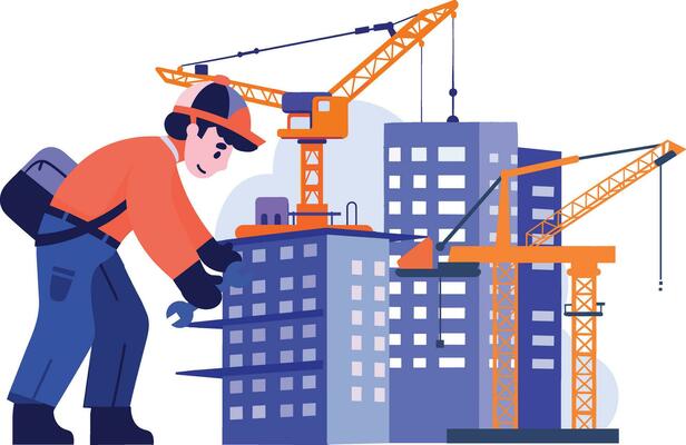 Hand Drawn Engineer or architect with building under construction in flat style