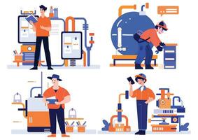 Hand Drawn Technician or engineer with engine in factory in flat style vector