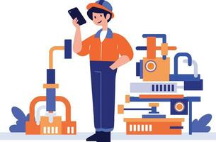 Hand Drawn Technician or engineer with engine in factory in flat style vector