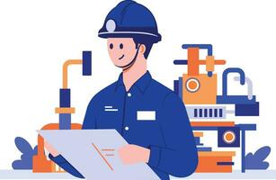 Hand Drawn Technician or engineer with engine in factory in flat style vector