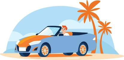 Hand Drawn Tourists drive convertibles car to the beach in flat style vector