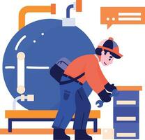 Hand Drawn Technician or engineer with engine in factory in flat style vector