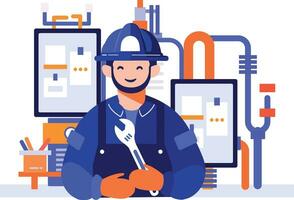 Hand Drawn Technician or engineer with engine in factory in flat style vector